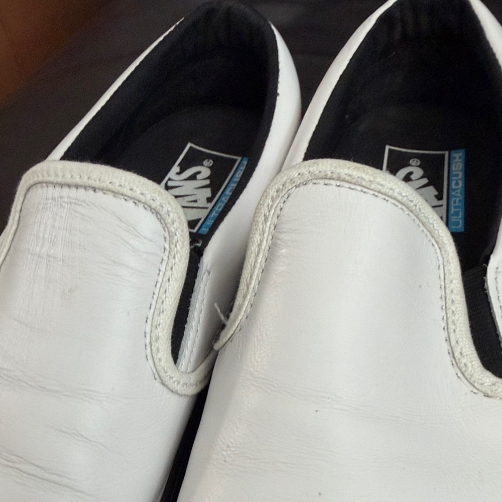 Vans White Leather Slip-On Sneakers with Black Sole and Red Heel - Picture 8 of 9